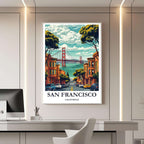 A framed travel poster of San Francisco displayed on a wall in a home office, adding an element of creative and inspiring flair.