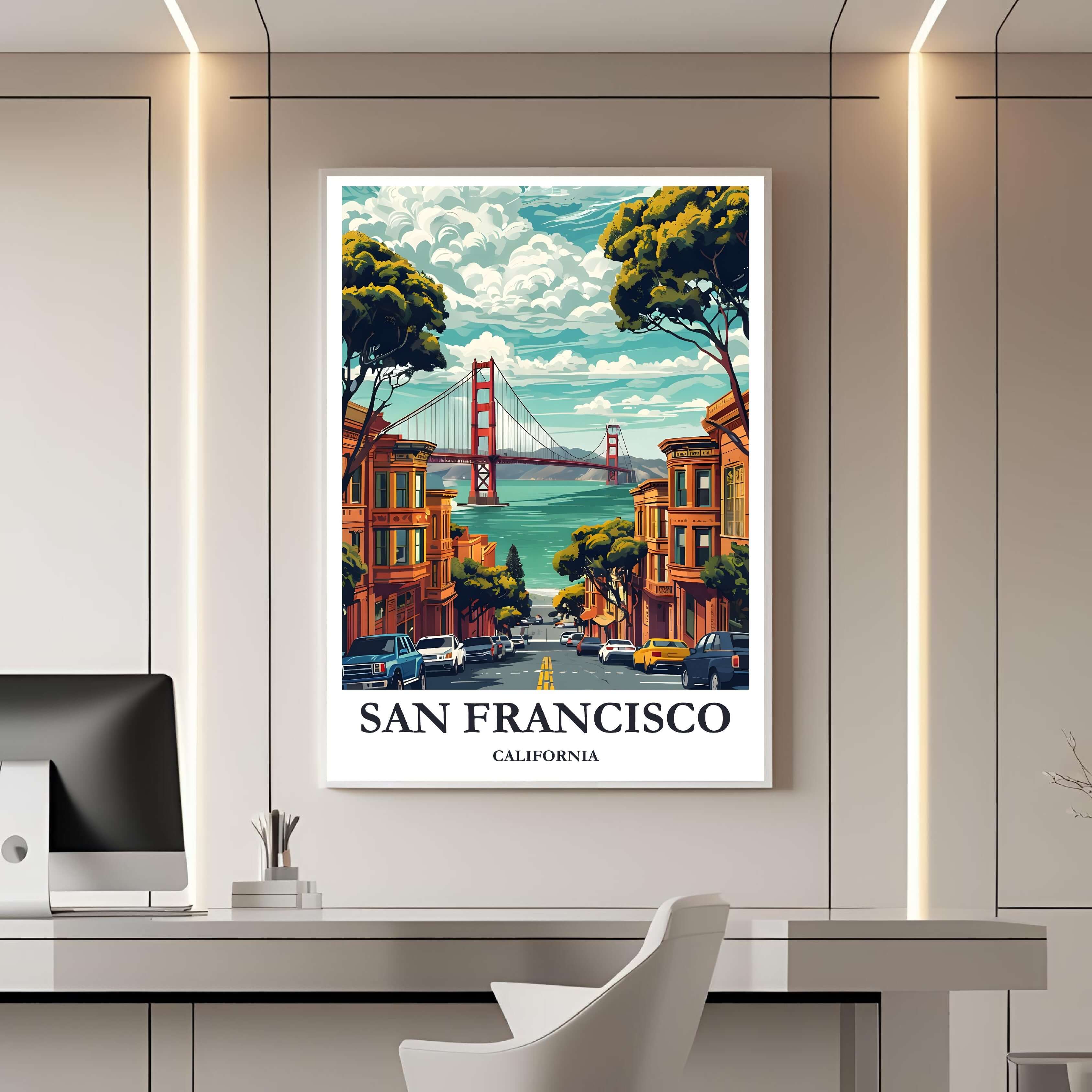 A framed travel poster of San Francisco displayed on a wall in a home office, adding an element of creative and inspiring flair.