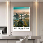 A framed travel poster of Rio de Janeiro displayed on a wall in a home office, adding an element of creative and inspiring flair.