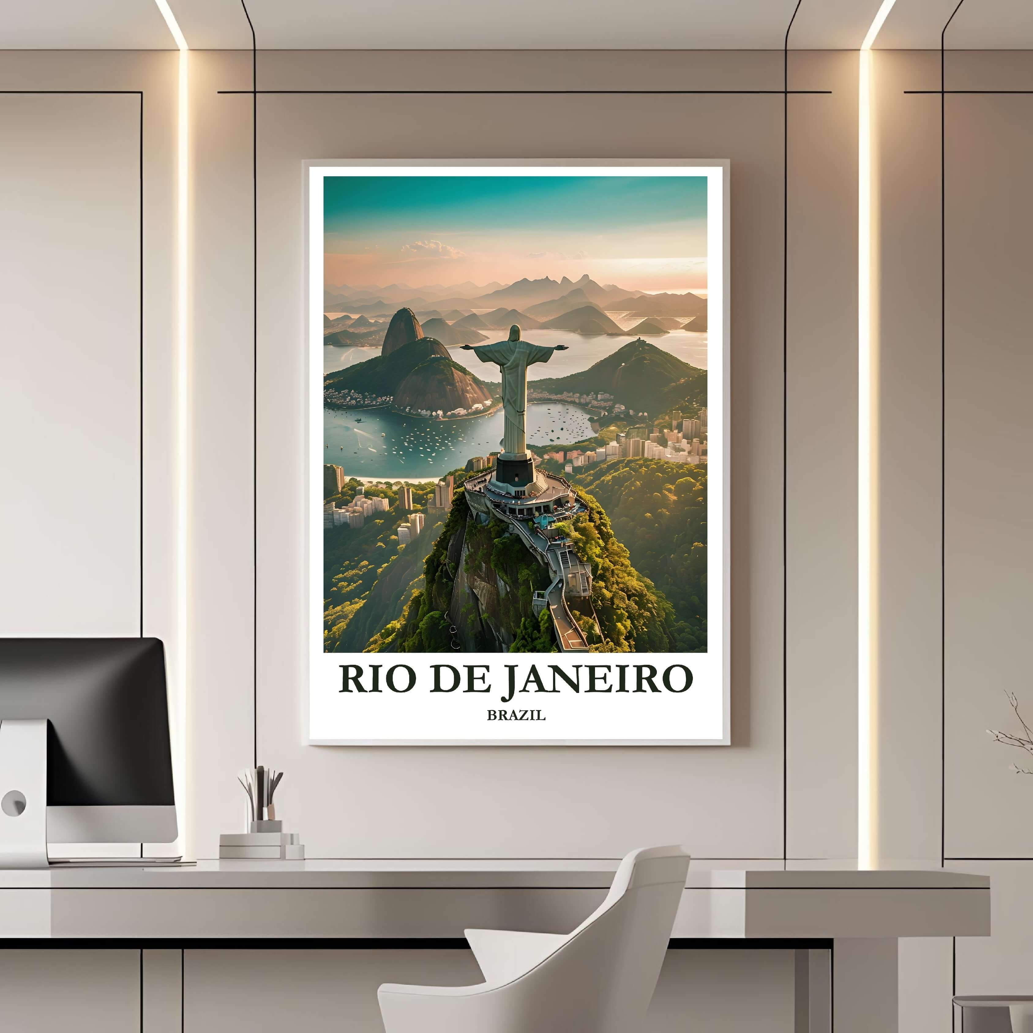 A framed travel poster of Rio de Janeiro displayed on a wall in a home office, adding an element of creative and inspiring flair.