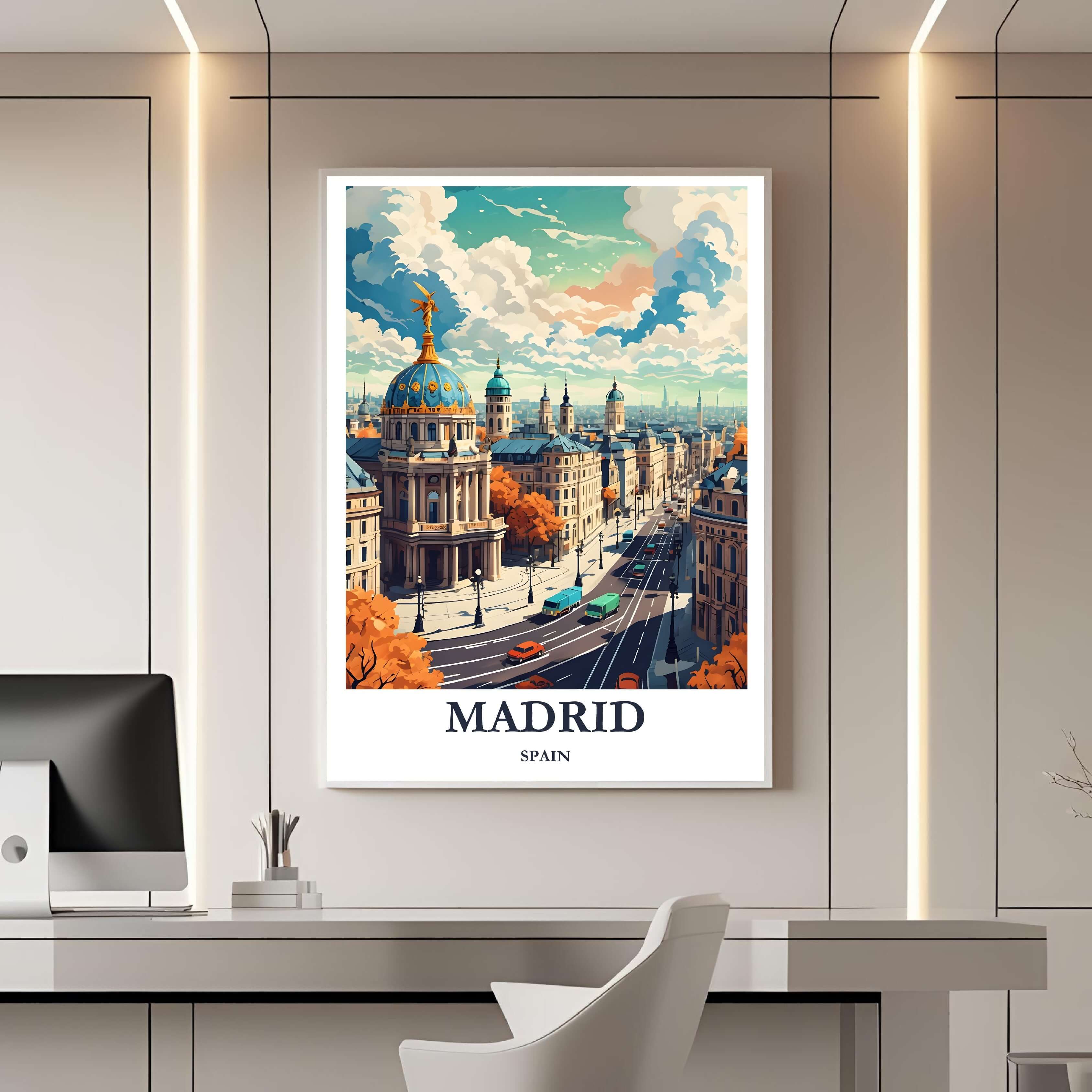 A framed travel poster of Madrid displayed on a wall in a home office, adding an element of creative and inspiring flair.
