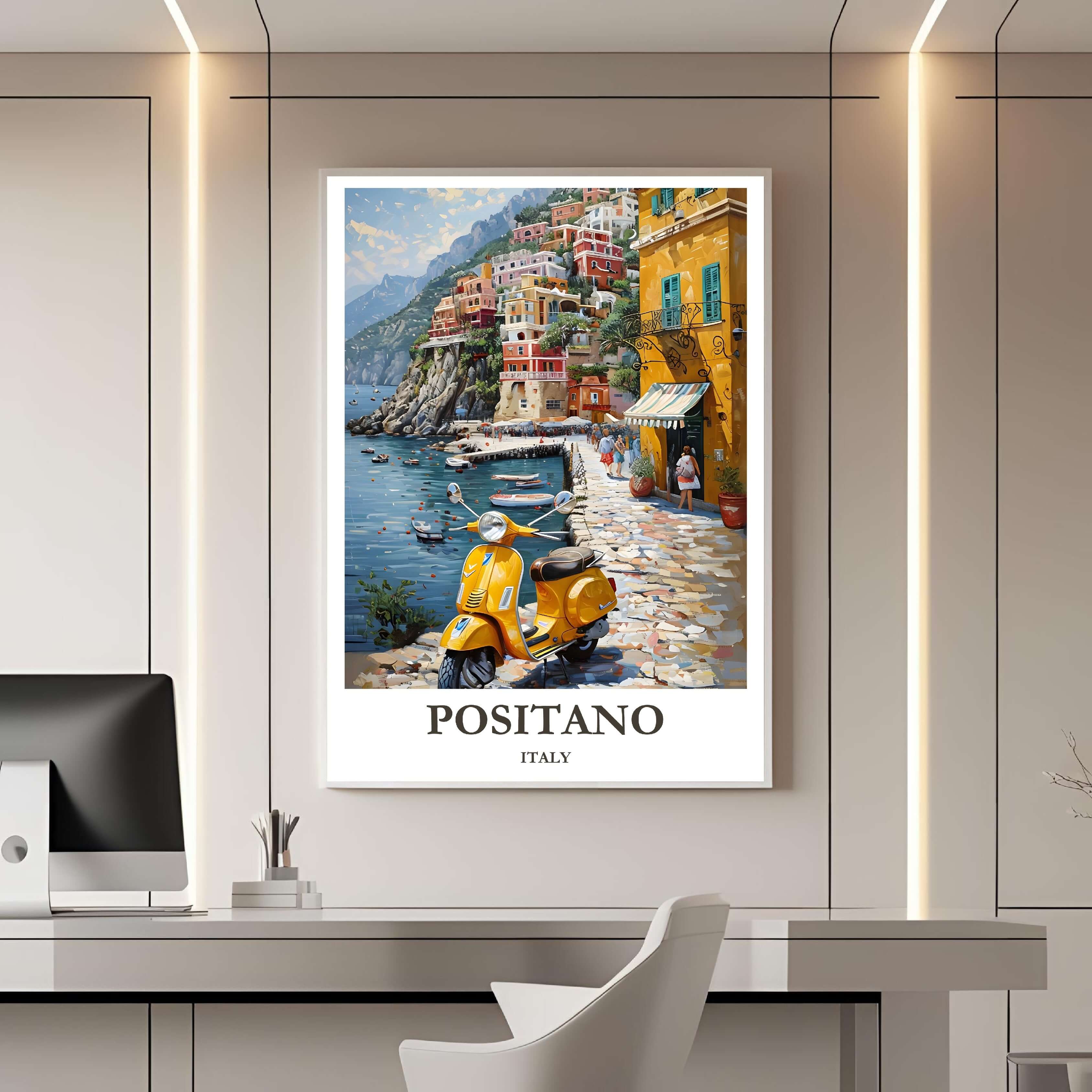 A framed travel poster of Positano displayed on a wall in a home office, adding an element of creative and vibrant flair.