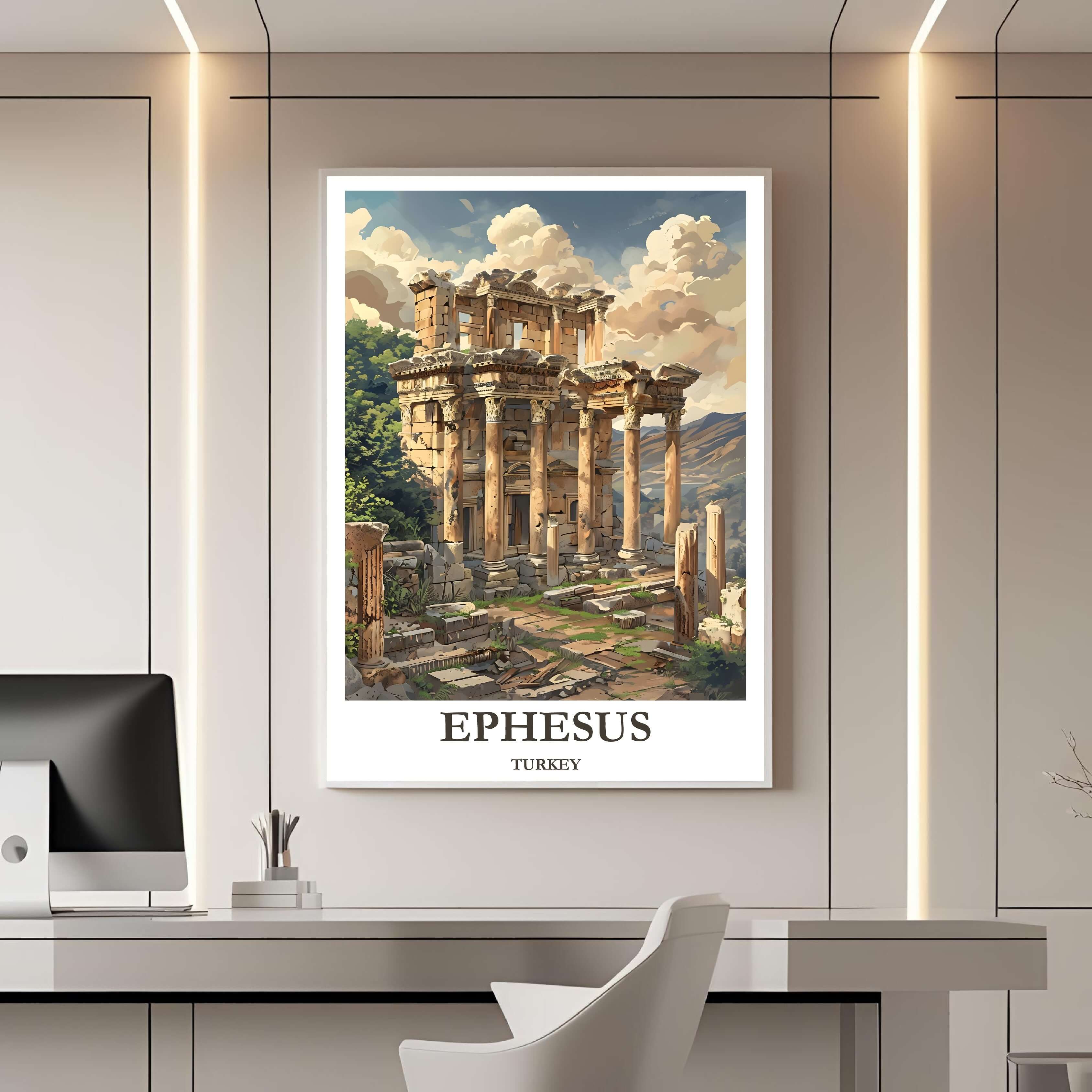 A framed travel poster of Ephesus displayed on a wall in a home office, adding an element of historical and inspiring flair.