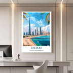 A framed travel poster of Dubai displayed on a wall in a home office, adding an element of creative and inspiring flair.