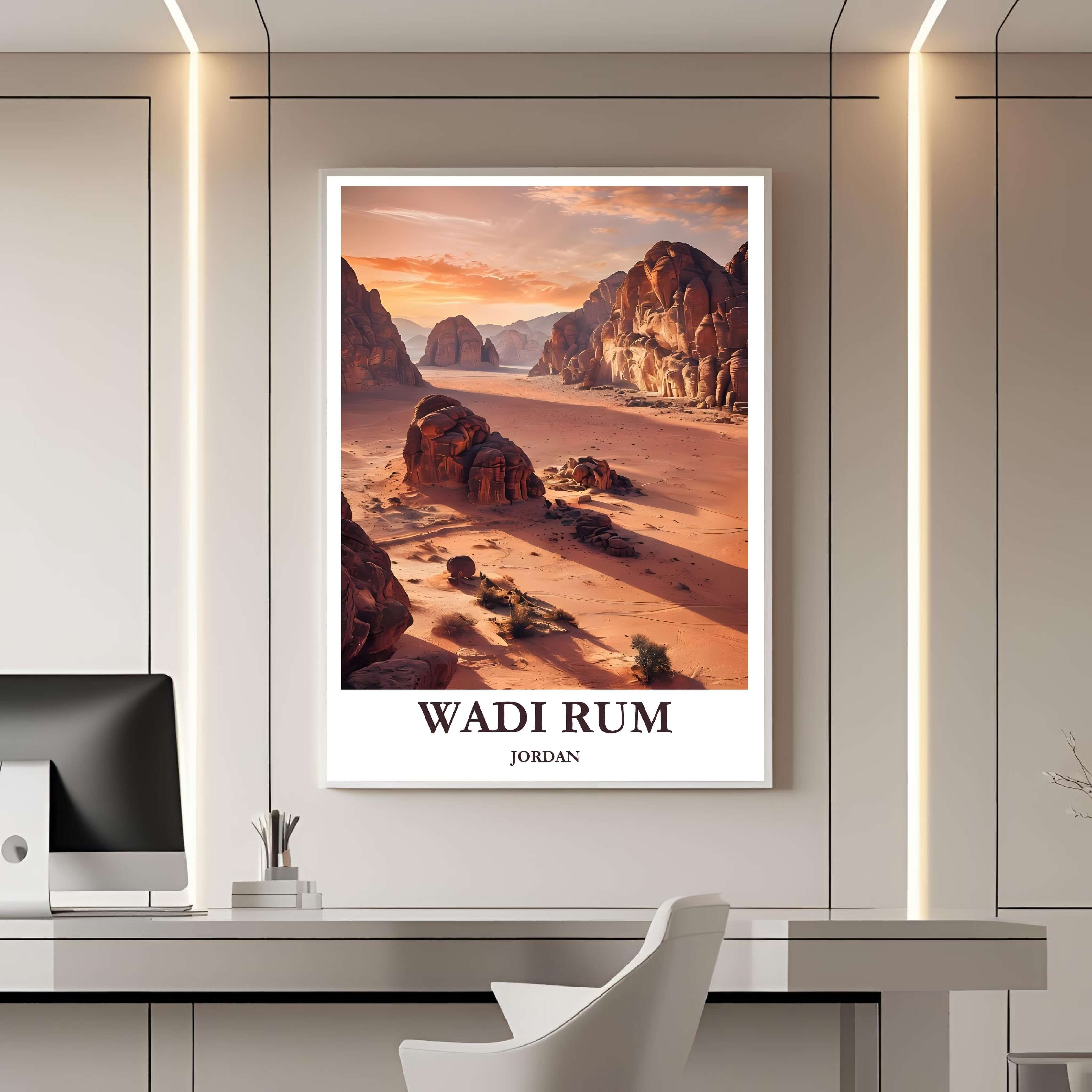 A framed travel poster of Wadi Rum displayed on a wall in a home office, adding an element of creative and inspiring natural beauty.