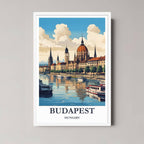 A framed art print of the Budapest illustration with a minimalist white frame, perfect for a clean, sophisticated European-themed room.