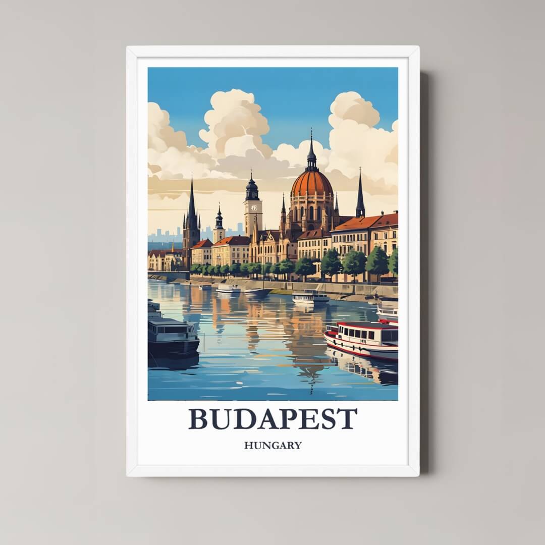 A framed art print of the Budapest illustration with a minimalist white frame, perfect for a clean, sophisticated European-themed room.