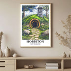 A framed art print depicting the peaceful, idyllic landscape of Hobbiton, styled to complement a light and airy, nature-themed interior.