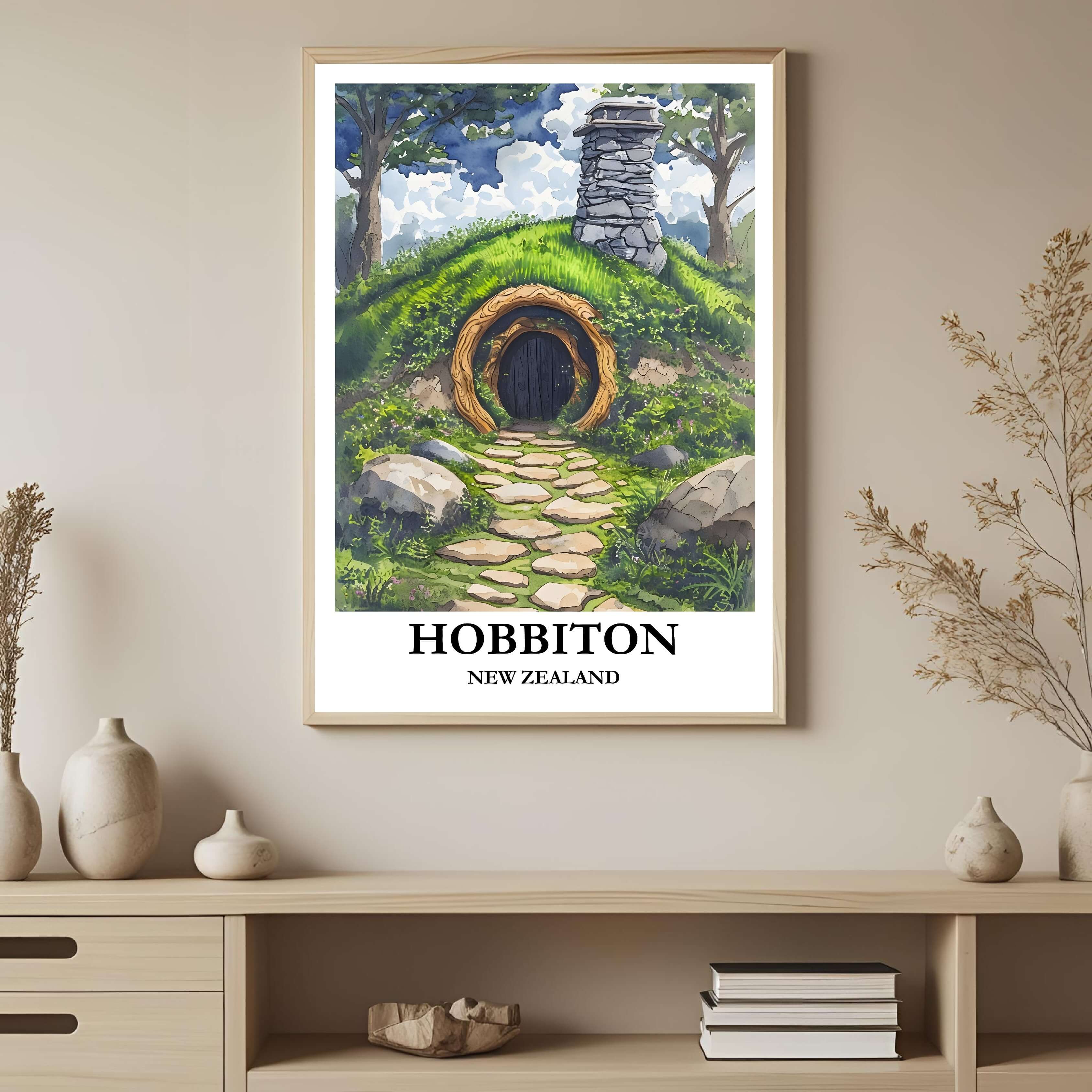 A framed art print depicting the peaceful, idyllic landscape of Hobbiton, styled to complement a light and airy, nature-themed interior.