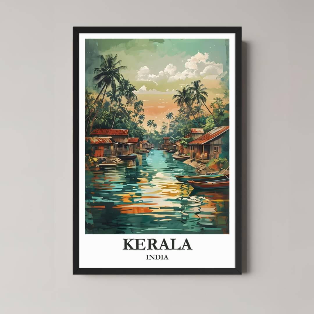 A framed art print of the Kerala illustration with a classic black frame, ideal for a bold, tropical-themed room.