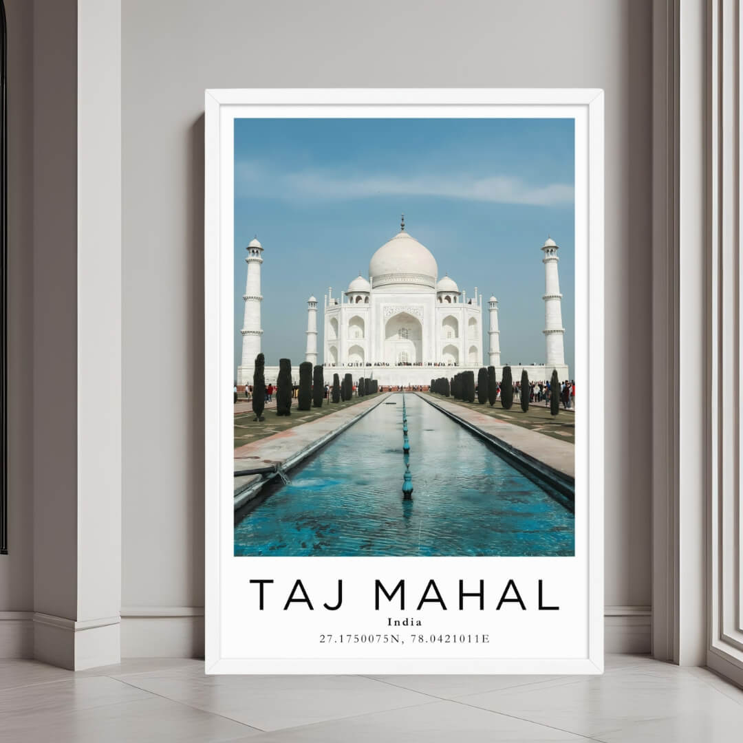 A framed art print of the Taj Mahal with a minimalist white frame, perfect for a serene and elegant decor style.