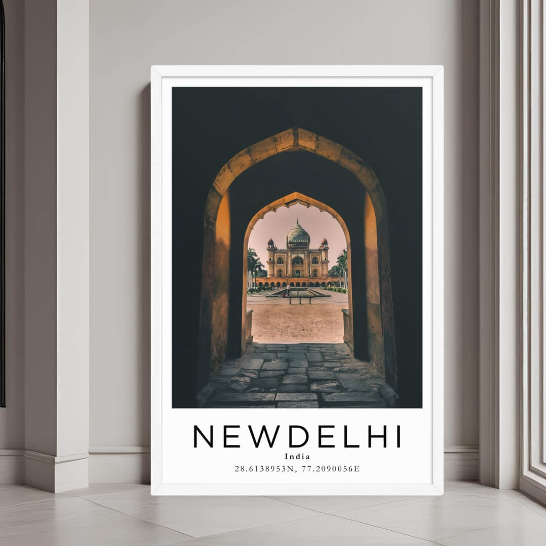 A framed art print of Humayun's Tomb with a minimalist white frame, perfect for a serene and elegant decor style.