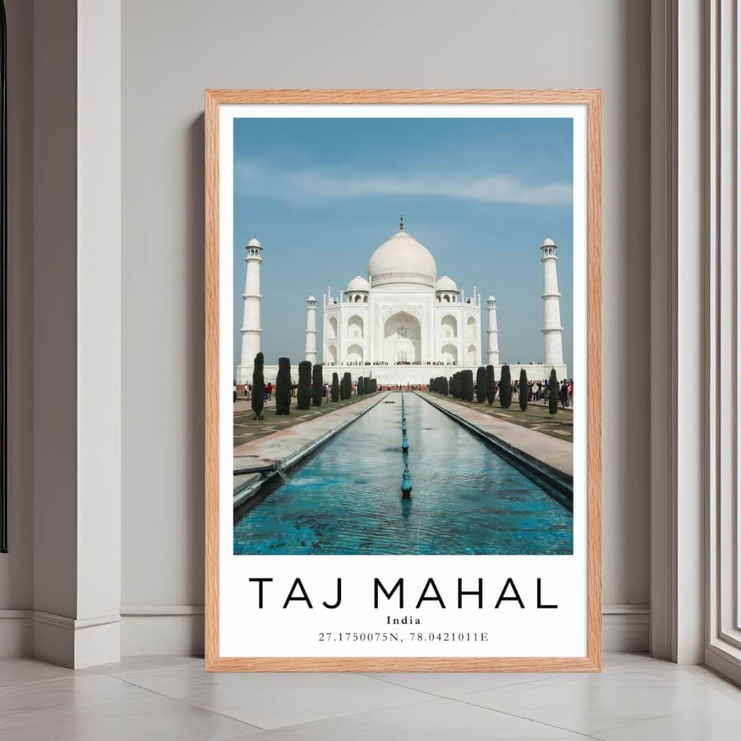  A framed print of the Taj Mahal with a rustic red oak wood frame, highlighting the beautiful Mughal architecture.