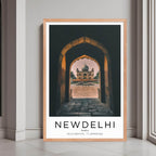  A framed print of New Delhi, India, with a rustic red oak wood frame, highlighting the beautiful Mughal architecture.
