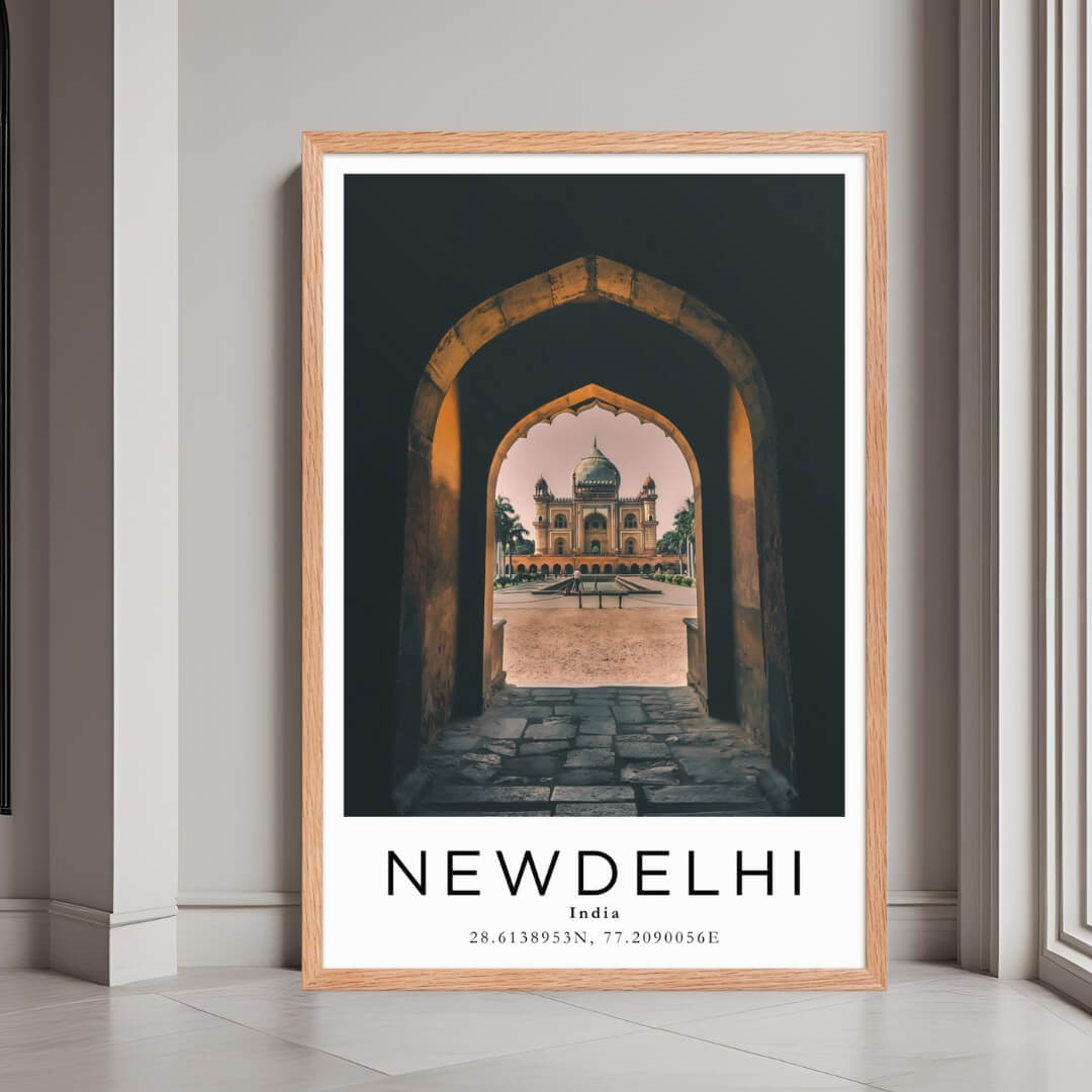  A framed print of New Delhi, India, with a rustic red oak wood frame, highlighting the beautiful Mughal architecture.