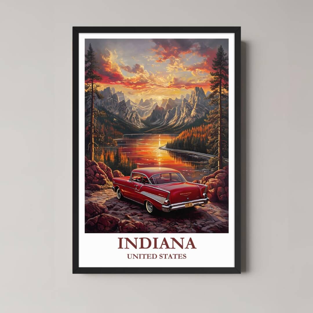 A framed, vibrant illustration of a red vintage car parked near a mountain lake in Indiana, USA, with a dramatic sunset and black frame.