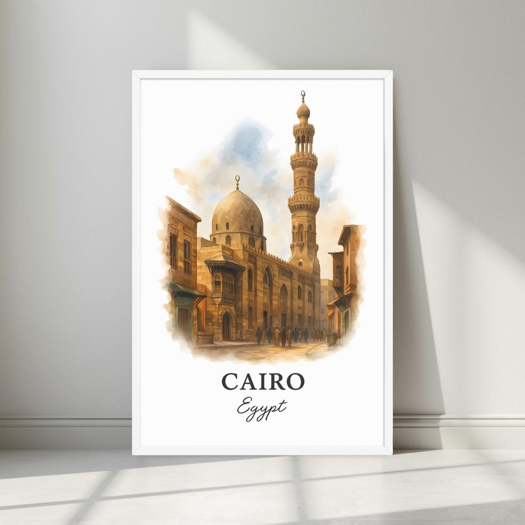 Watercolor-style print of the historic stone buildings of Cairo in a minimalist white frame. Captures the cultural heritage of the city.