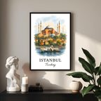 Framed Istanbul print displayed as part of a curated gallery wall alongside other global travel prints. Shows seamless integration into luxury decor.