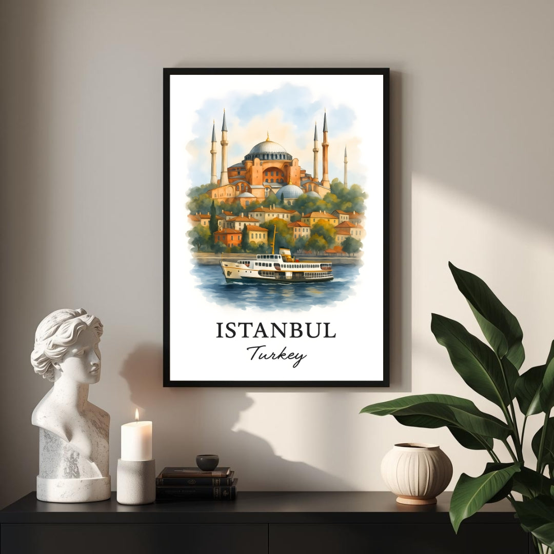 Framed Istanbul print displayed as part of a curated gallery wall alongside other global travel prints. Shows seamless integration into luxury decor.