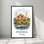 Framed art print of the majestic Hagia Sophia and the Bosphorus strait in a sleek black Ayous wood frame. Ideal for luxury Eurasian or Turkish-inspired wall decor.