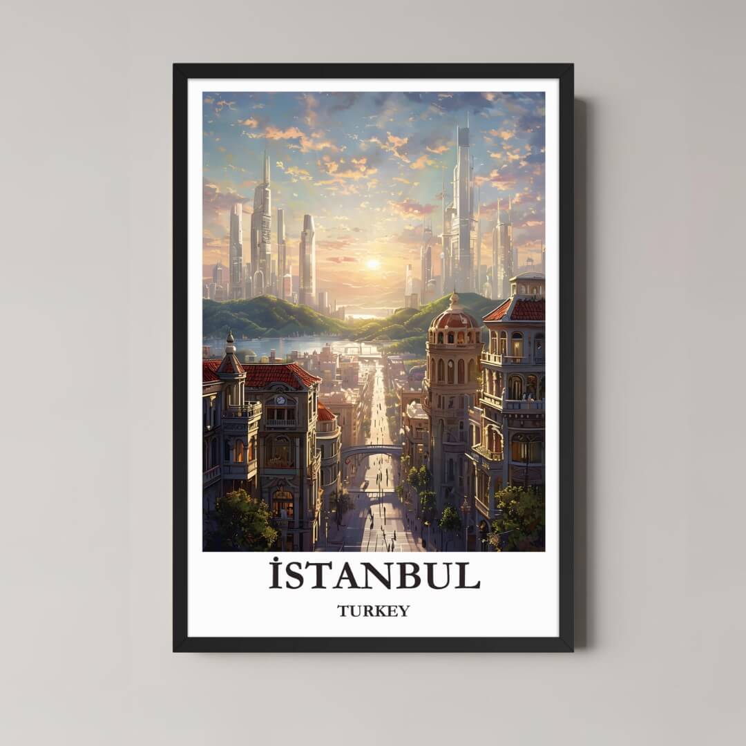 A framed, vibrant illustration of the Istanbul skyline with a classic black frame, featuring a mix of historic buildings and modern skyscrapers at sunset.