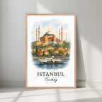 Framed art print of the iconic Istanbul skyline in a Red Oak wood frame. Highlights the warm, historical tones and architectural grandeur.