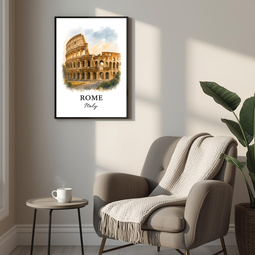 Framed Colosseum print displayed as part of a curated European gallery wall. Shows seamless integration into luxury decor collections.