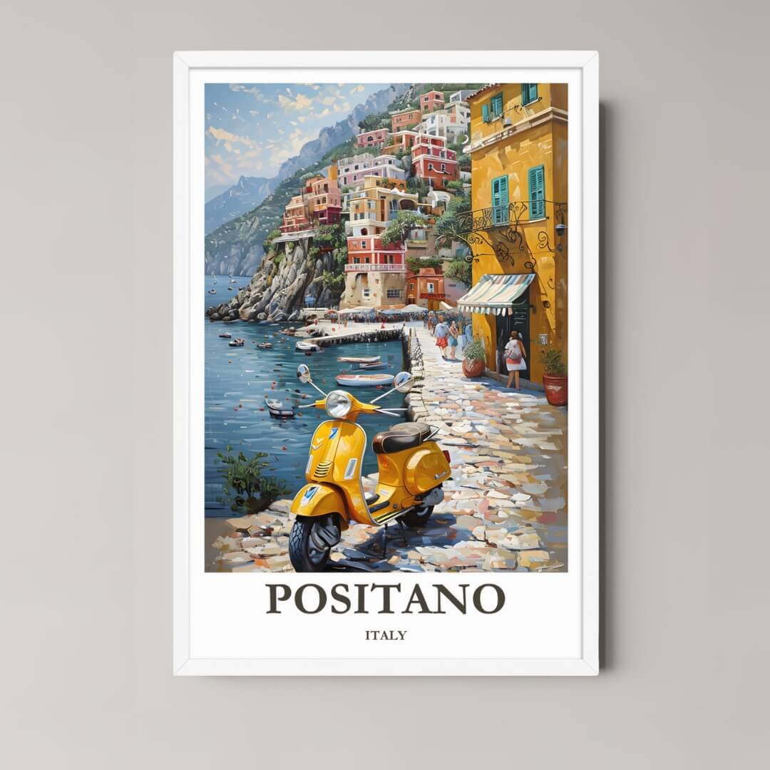 A framed art print of the Positano illustration with a minimalist white frame, ideal for a clean, modern, Italian-themed room.