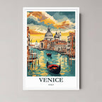 A framed art print of the Venice cityscape with a minimalist white frame, emphasizing the bright, colorful sky and sparkling canal water.