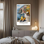 The luxurious Positano illustration framed art acting as a vibrant color accent piece in a high-end, modern living room with Italian villa-style furniture.