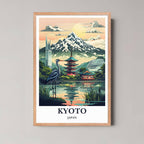 A framed art print of the Kyoto illustration with a natural wood frame, emphasizing the serene, traditional aesthetic.