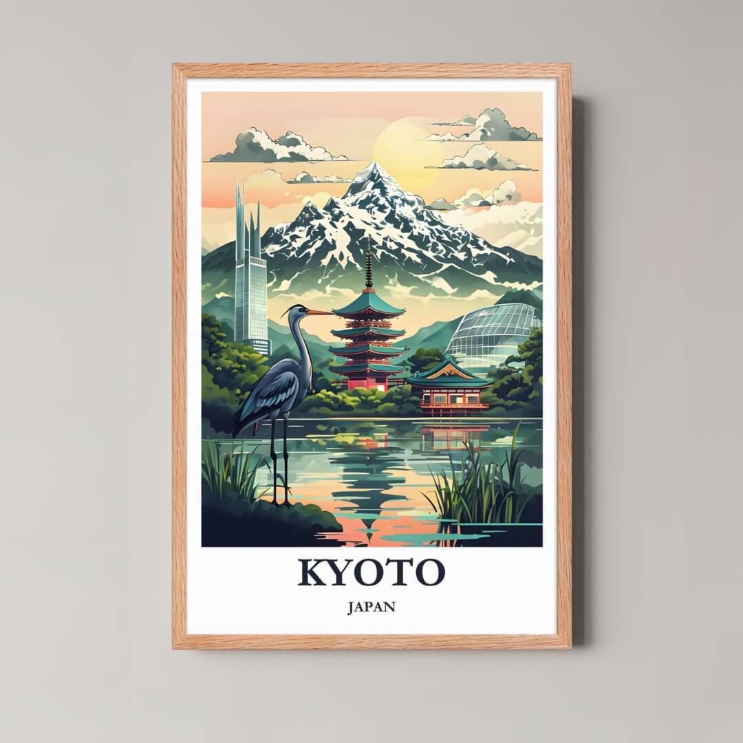 A framed art print of the Kyoto illustration with a natural wood frame, emphasizing the serene, traditional aesthetic.