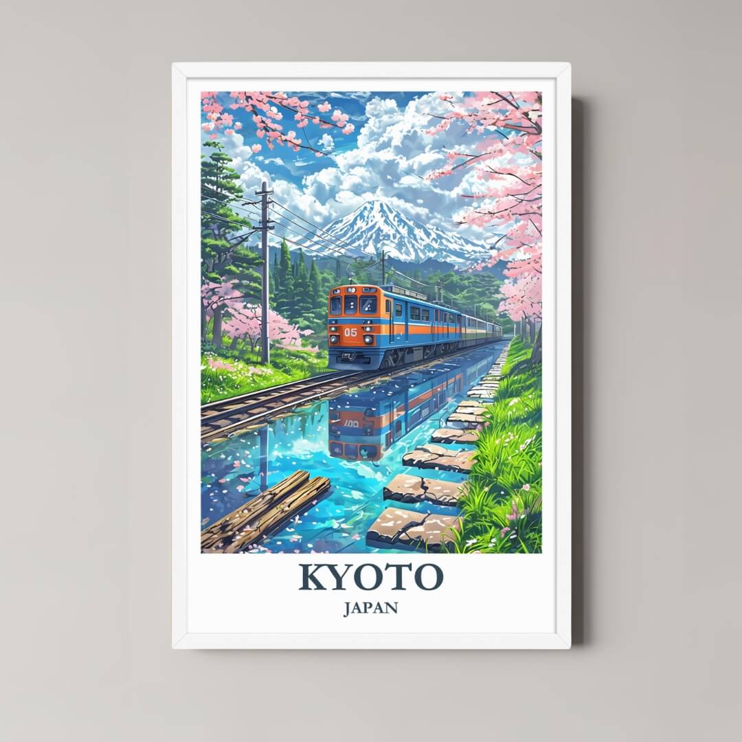 A framed art print of a serene Japanese landscape with a minimalist white frame, perfect for a clean, vibrant decor style.