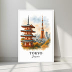 Tokyo travel poster featuring the temple and tower set in a minimalist white frame. Emphasizes the artistic blend of ancient Japanese culture and modern architecture.