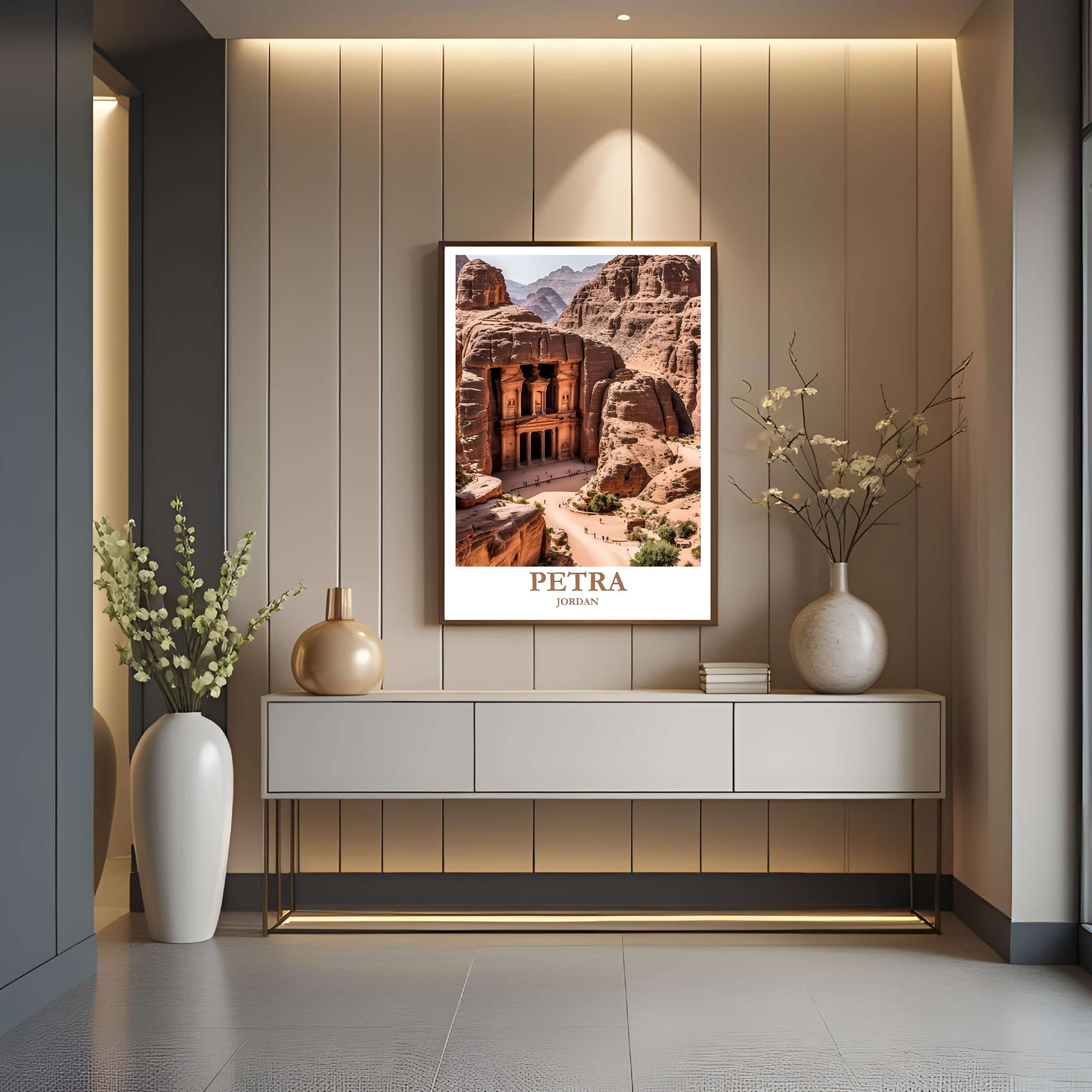 A framed art print depicting the stunning, vast desert landscape and ancient architecture of Petra, styled for a dramatic and elegant interior.