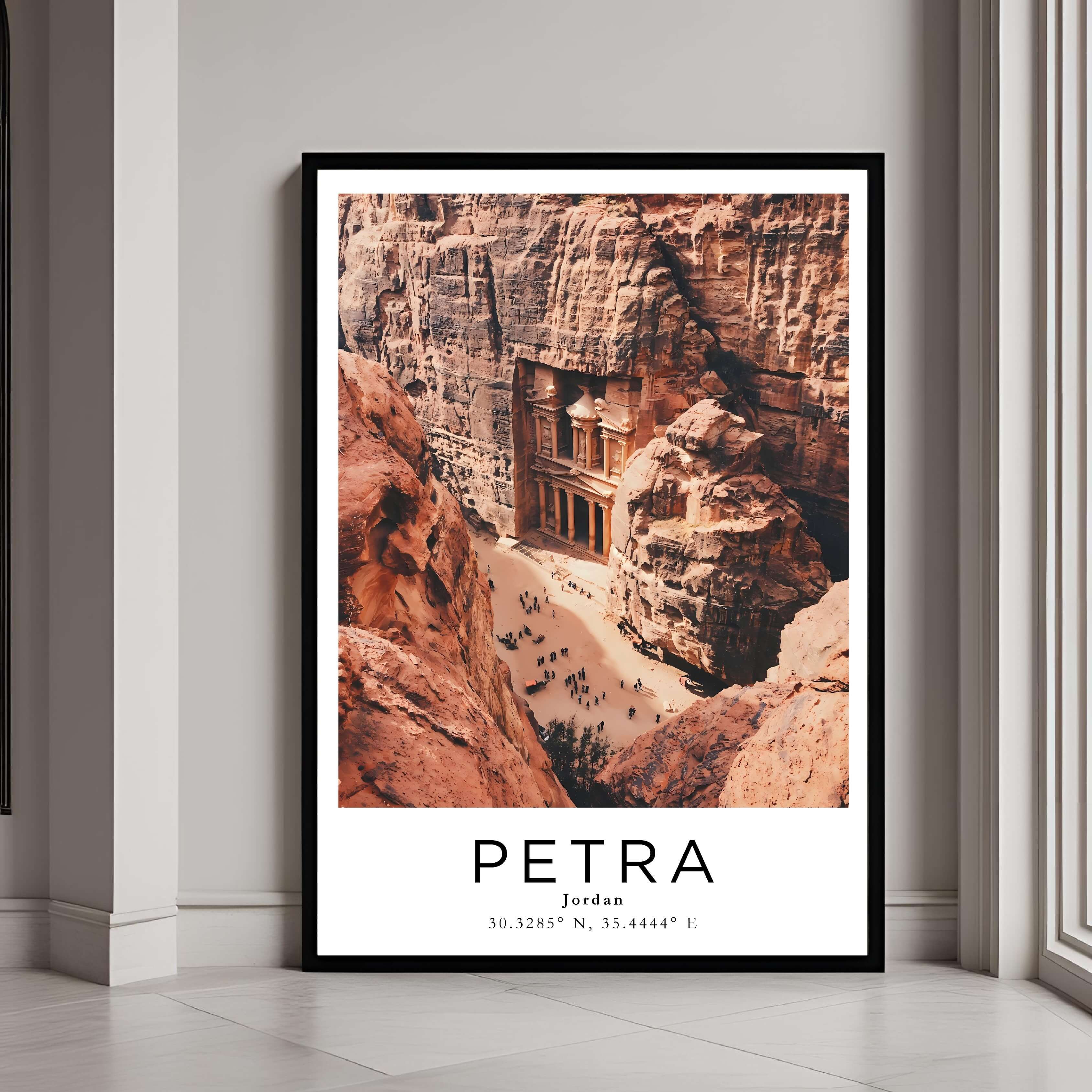 A framed art print of Petra’s famous Treasury with a classic black frame, adding a sleek and elegant touch to home decor.