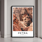A framed art print of Petra’s famous Treasury with a classic black frame, adding a sleek and elegant touch to home decor.