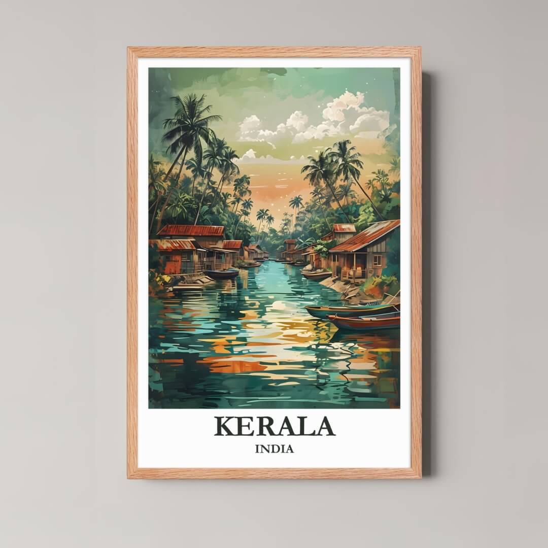 A framed, vibrant illustration of the Kerala Backwaters with a natural wood frame, featuring palm trees, houseboats, and colorful water reflections.