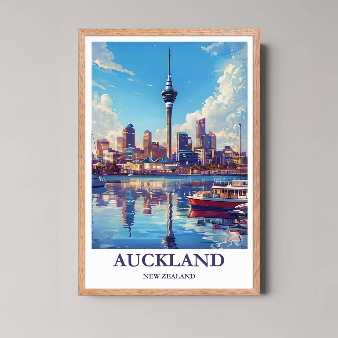 A framed illustration of the Auckland cityscape with a rustic red oak wood frame, highlighting the coastal and urban blend.
