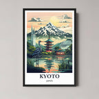 A framed, vibrant illustration of a train passing through a cherry blossom landscape near a snow-capped mountain in Kyoto, Japan, with a black frame.