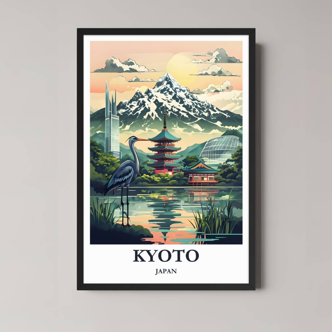 A framed, vibrant illustration of a train passing through a cherry blossom landscape near a snow-capped mountain in Kyoto, Japan, with a black frame.