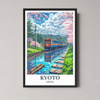 A framed illustration of Kyoto, Japan, with a classic black frame, featuring Mount Fuji and cherry blossoms, styled in a modern interior.