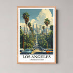 A framed illustration of the LA scene with a rustic red oak wood frame, highlighting the blue skies and green palms.