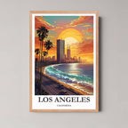 A framed illustration of the LA scene with a rustic red oak wood frame, highlighting the warm sunset tones and ocean waves.