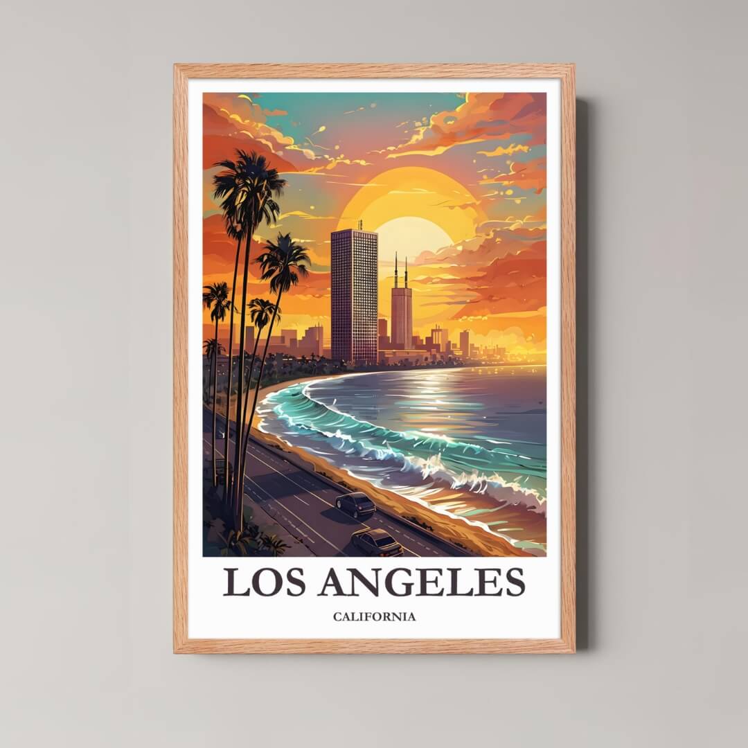 A framed illustration of the LA scene with a rustic red oak wood frame, highlighting the warm sunset tones and ocean waves.