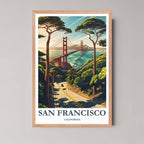 A framed illustration of the San Francisco scenic view with a rustic red oak wood frame, highlighting the rich greens of the hills and the bridge's red-orange color.