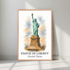 Framed Statue of Liberty art in a natural Red Oak wood frame. Emphasizes the warm tones of the pedestal and the torch light.
