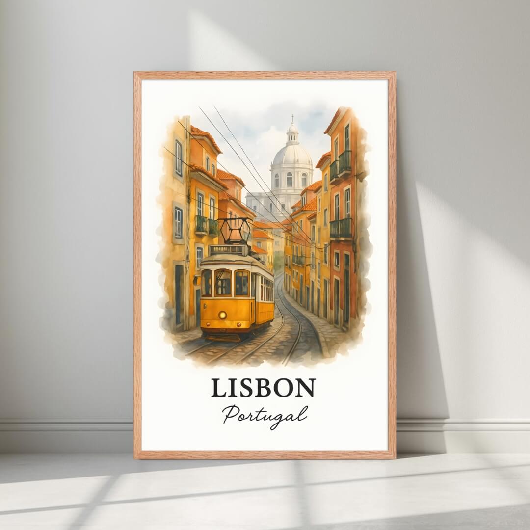 Framed Lisbon tram art in a natural Red Oak wood frame. Emphasizes the warm, sun-drenched tones of the Portuguese capital.