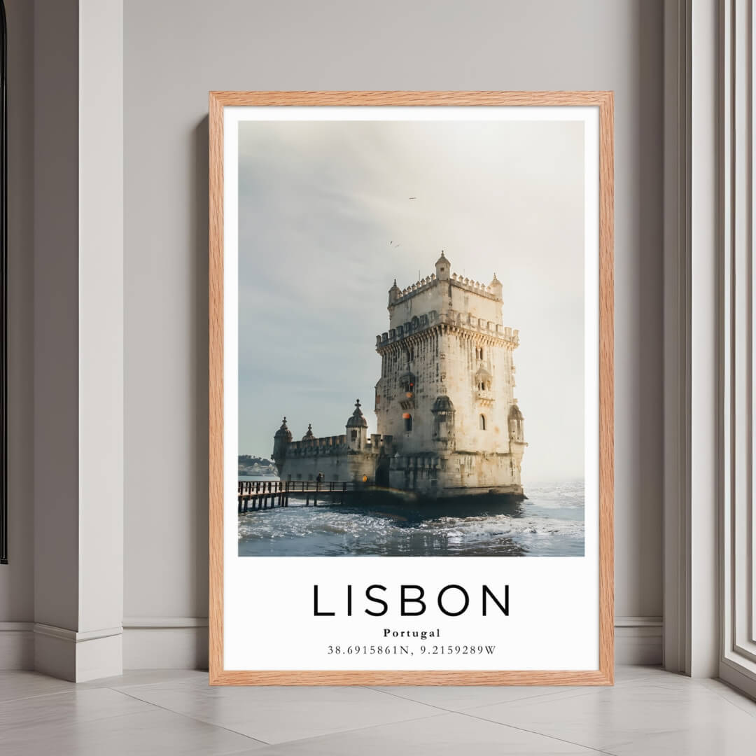  A framed poster of the Belém Tower in Lisbon, Portugal, with a red oak wood frame, styled in a luxurious modern interior.