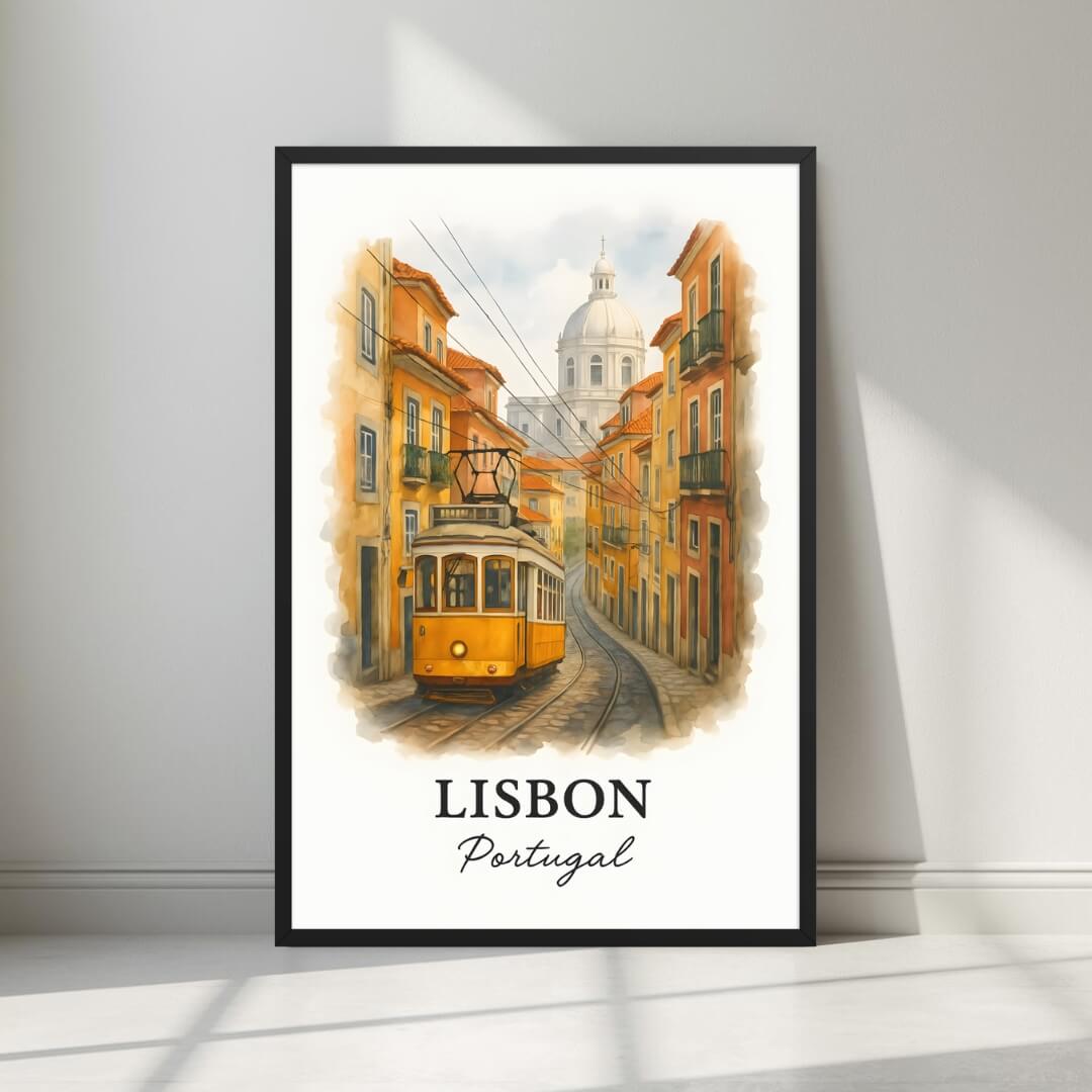 Framed art print of Lisbon's iconic yellow tram and colorful Alfama street in a sleek black Ayous wood frame. Ideal for luxury Portuguese travel decor.